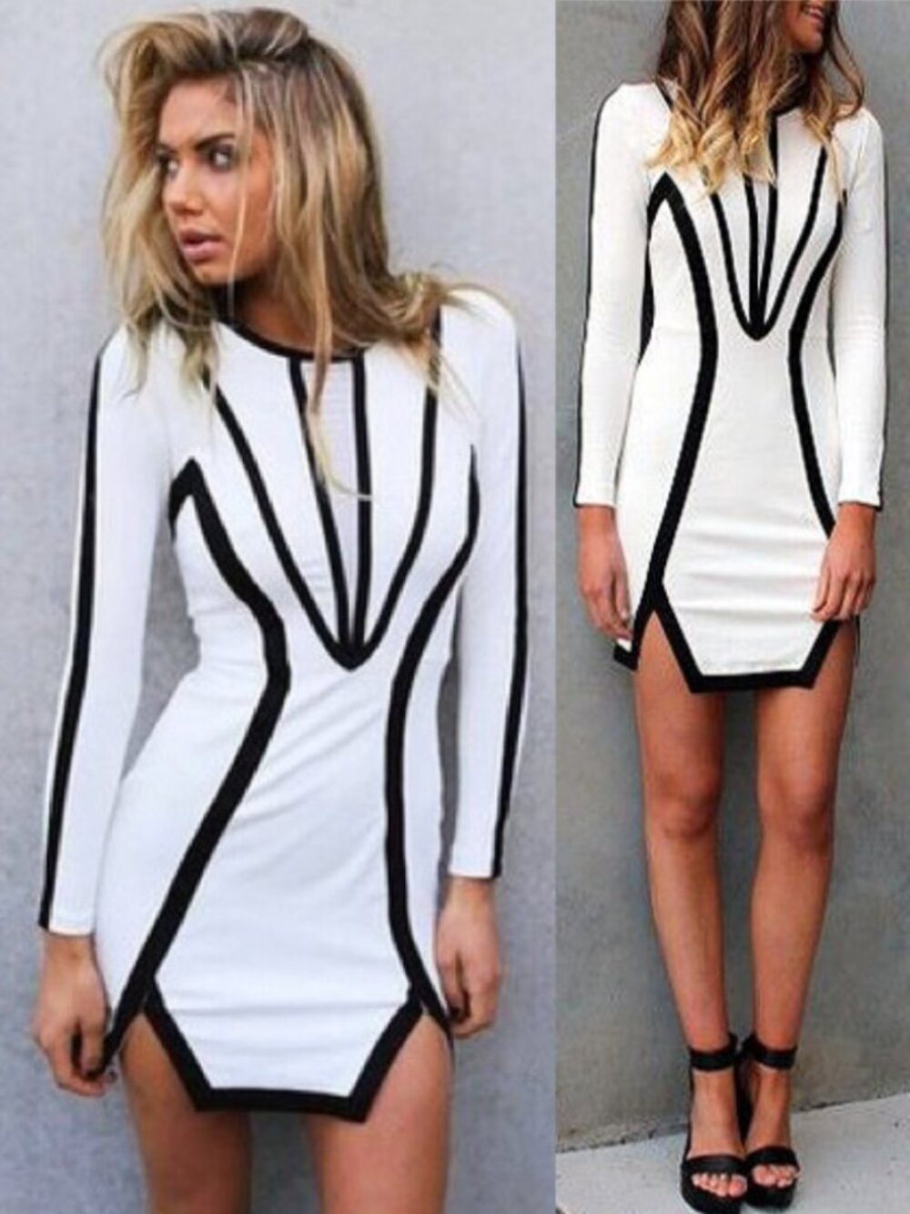 💥SHOWSTOPPER!💥Colorblock Bodycon Trimmed Mini Dress in Ivory & Black